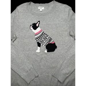 J.Crew Teddie Boston Terrier Sweater Womens Small Gray Intarsia Dog AF490